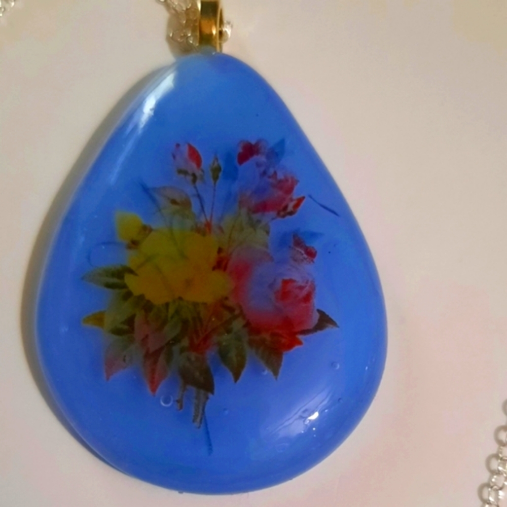 Light Purple  Stained Glass Tear Drop Shape Necklace with Fused Flower Decal